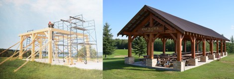 Construction (left) and completed (right) images of shelter at Lac La Biche golf course designed and constructed by Jack Lynis