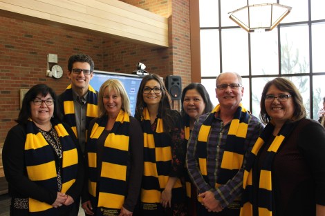 David with Laurentian Colleagues during Research Week day focused on Indigenous topics. (L to R: Sheila Cote-Meek, David, Michelle Coupal, Celeste Pedri-Spade, Susan Manitowabi, Daniel Cote, and Taima Moeke-Pickering)